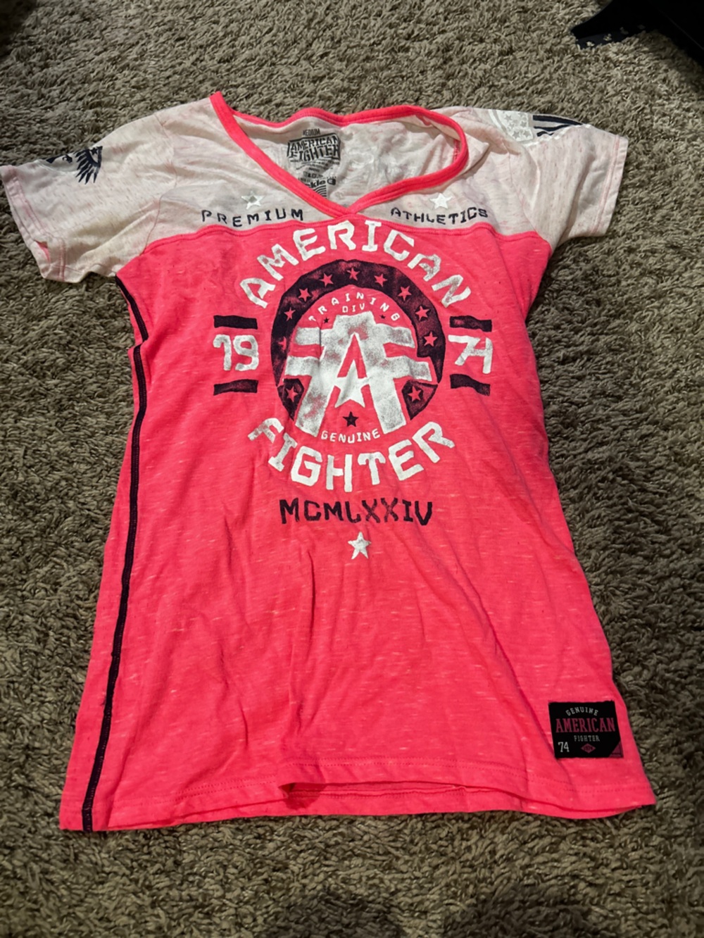 American Fighter Neon Pink and White V-Neck Graphic Tee